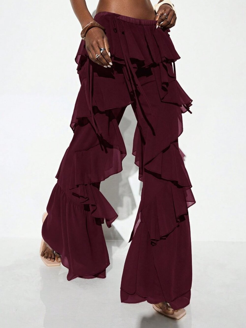 Red Casual Women's Elastic Waist Low Ruffle Asymmetrical Hem Flare Pants